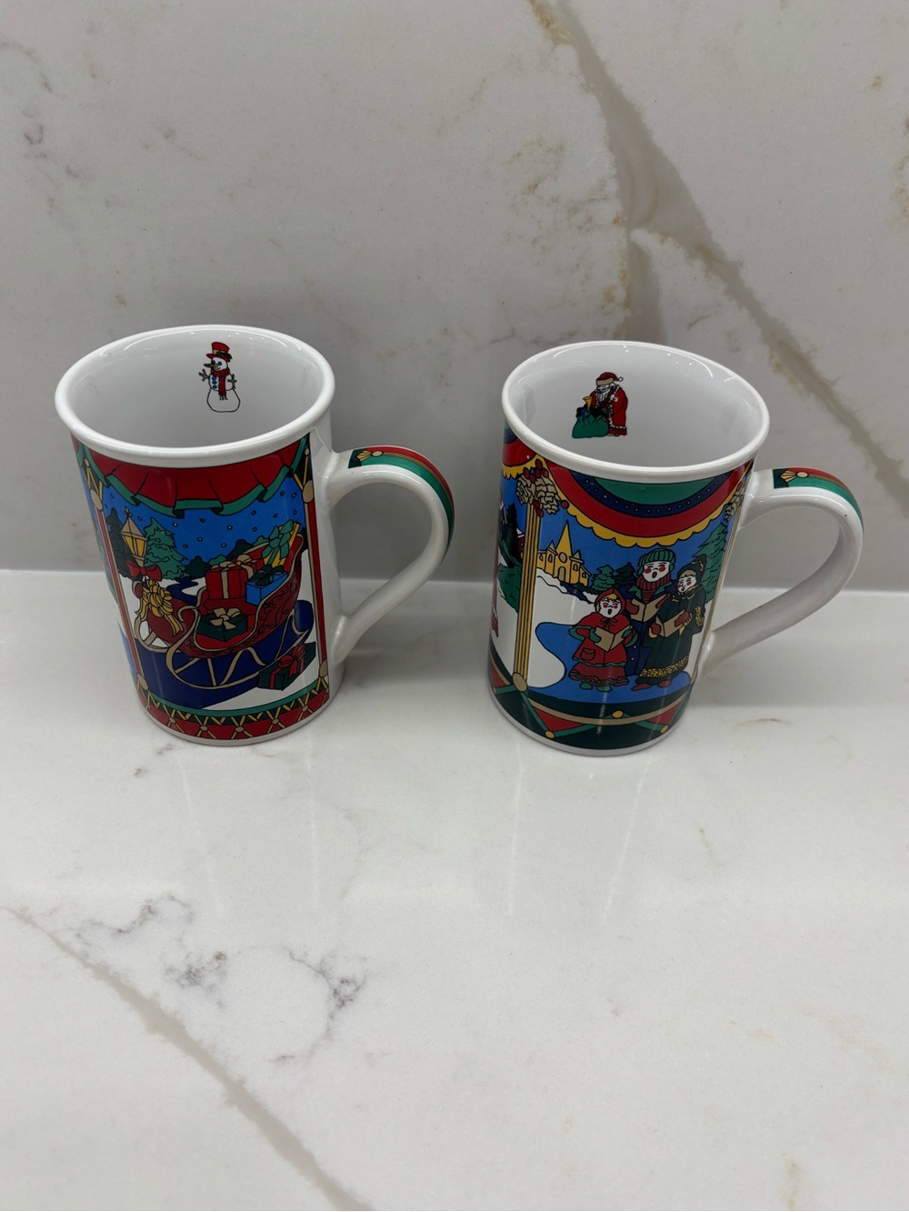 Set of 2 Vintage Collectible Fine Works Christmas Coffee Mug Santa Snowman 1996